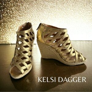 KELSI DAGGER NEW gold leather wedge espadrille shoes strappy summer 6